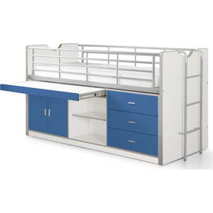 Bílo-modrá vyvýšená dětská postel s úložným prostorem s roštem 90x200 cm Bonny – Vipack