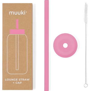 Silikonové brčko s čistícím kartáčkem/s víčkem Flamingo Pink – Muuki