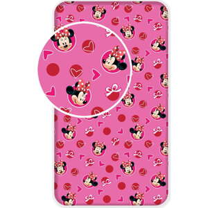 Růžové napínací bavlněné dětské prostěradlo 90x200 cm Minnie "Hearts" – Jerry Fabrics