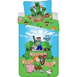Zeleno-modré bavlněné dětské povlečení na jednolůžko 140x200 cm Minecraft "Outdoor Mobs" – Jerry Fabrics